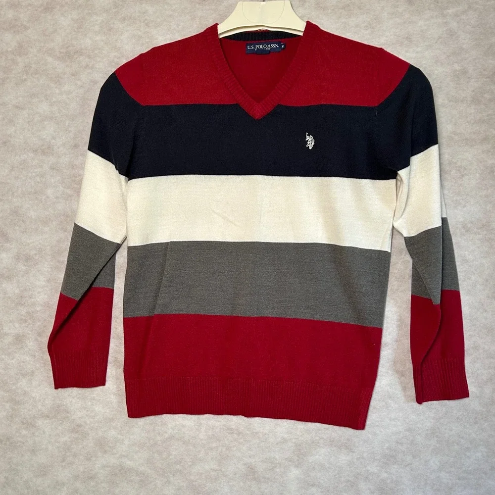 U.S. Polo Assn. Mens Sweater Medium V Neck Striped‎ Red Blue Gray White Logo